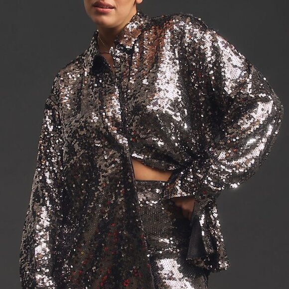 Anthropologie Good American Sequin Party Buttondown Shirt S carbon color nwt - Picture 3 of 11